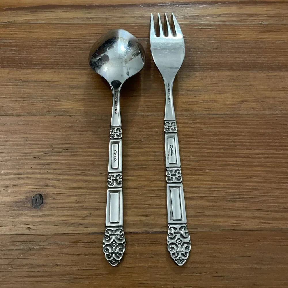 Oneida Coronation Black Accent Stainless Fork and Oval Soup Spoon Lot Flatware